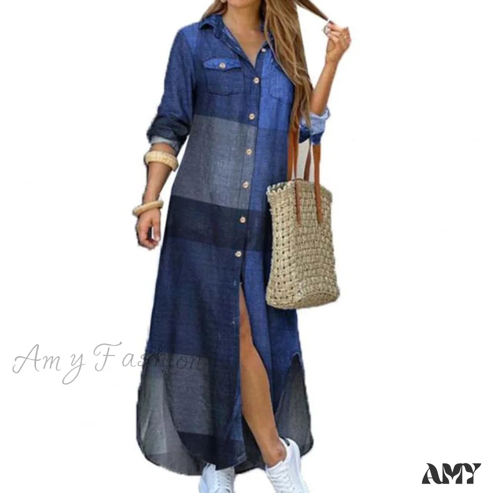 The Latest Fashion Trends Amy Fashion - Single-breasted Printed Loose Maxi Shirt Dress Soft Textures