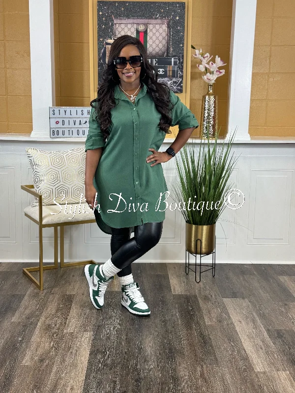 Limited Time Deal Casual Stroll V-Neck Oversized Shirt Dress (Dark Green) Rustic Countryside Charm Look