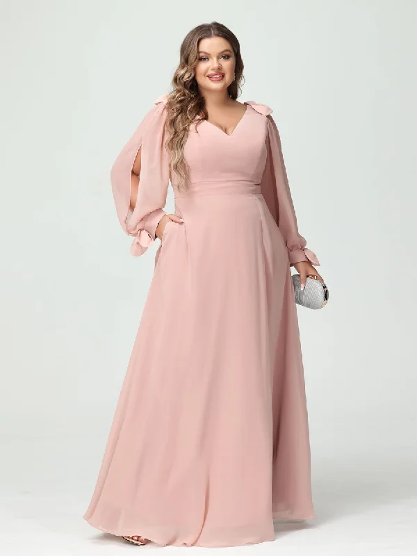 Limited-Time Offer A-Line/Princess V-Neck Long Sleeves Chiffon Split Side Plus Size Bridesmaid Dresses with Pockets Parisian Effortless Chic Style