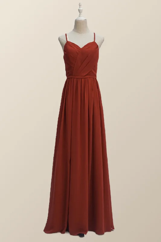 Glamorous Fashion Offers Straps Burnt Orange Chiffon A-line Long Bridesmaid Dress Seasonal Trend