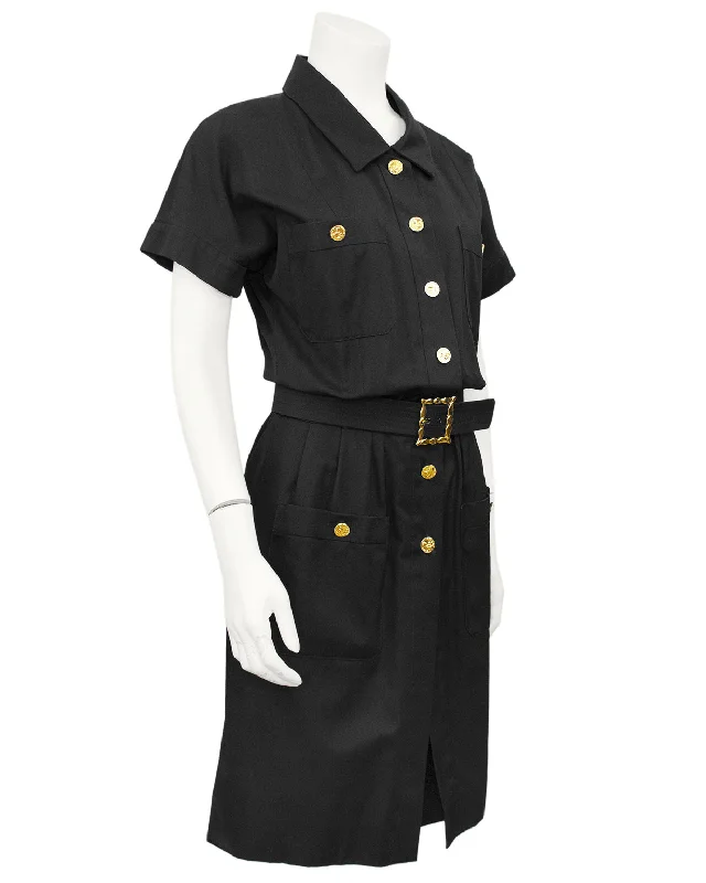 Contemporary Chic Promotions Black Cotton Belted Shirt Dress Hollywood Glam Award - Show Style