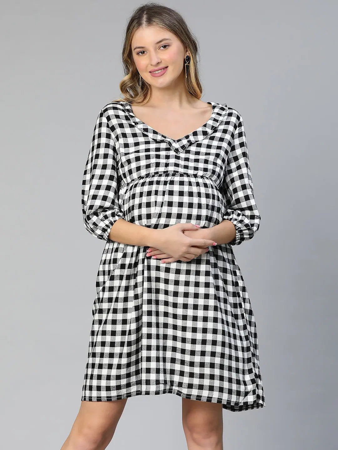 Bid Farewell To The Old Season Touched Black Ruffled Elasticated Check Print Women Maternity Dress Art Deco Geometric Pattern Look