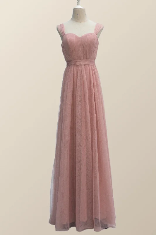 Statement Fashion Offers Empire Blush Pink Tulle A-line Long Bridesmaid Dress Soft Textures