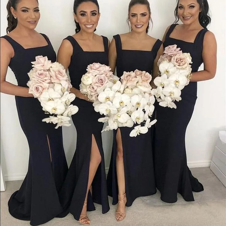 Insane Discount Onslaught Floor Length Black Bridesmaid Dresses Square Mermaid Long Wedding Party Dress Casual Chic