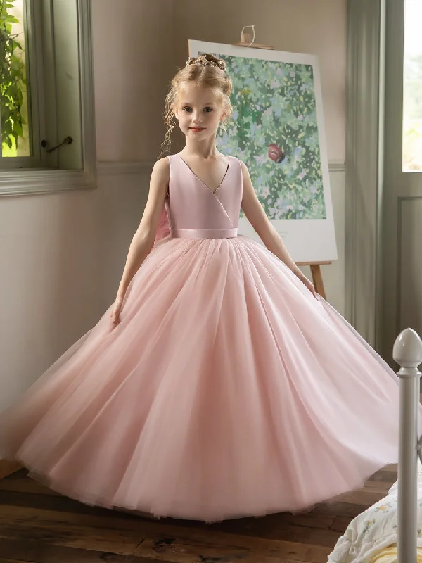 Relaxed Style V-Neck Sleeveless Tulle Flower Girl Dresses with Satin Bowknot Hollywood Glam Award - Show Style