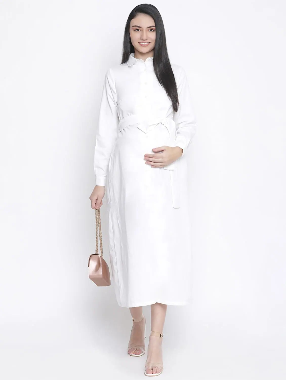 Timeless Elegance Redefined Hopple White Button- Down Long Maternity Dress Formal Outfit