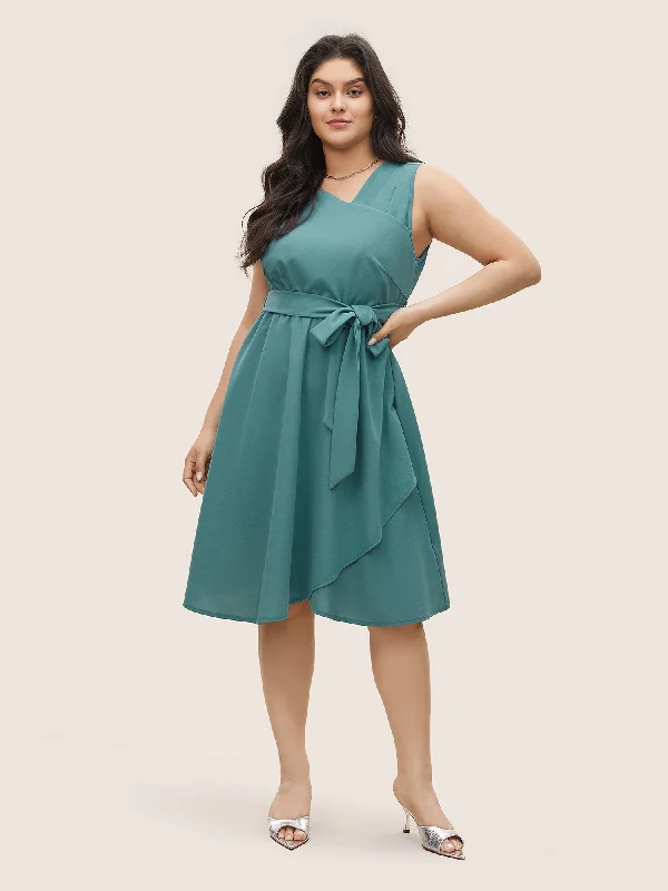 Modern Fashion Sale Asymmetrical Neck Pleated Belted Sleeveless Dress Minimalist Office - Ready Style