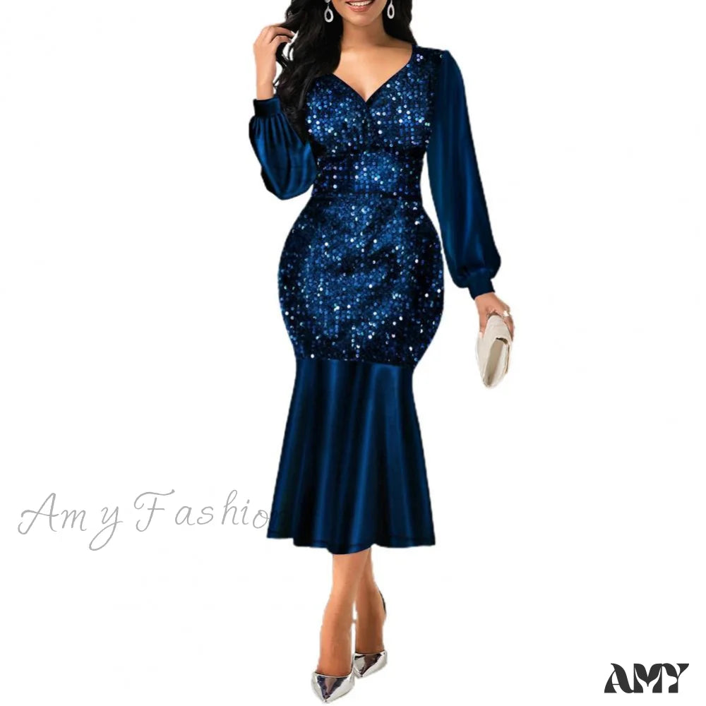 Fashion Forward Amy Fashion - Sequin V Neck Shiny Long Sleeve Patchwork Dress Romantic Detailing