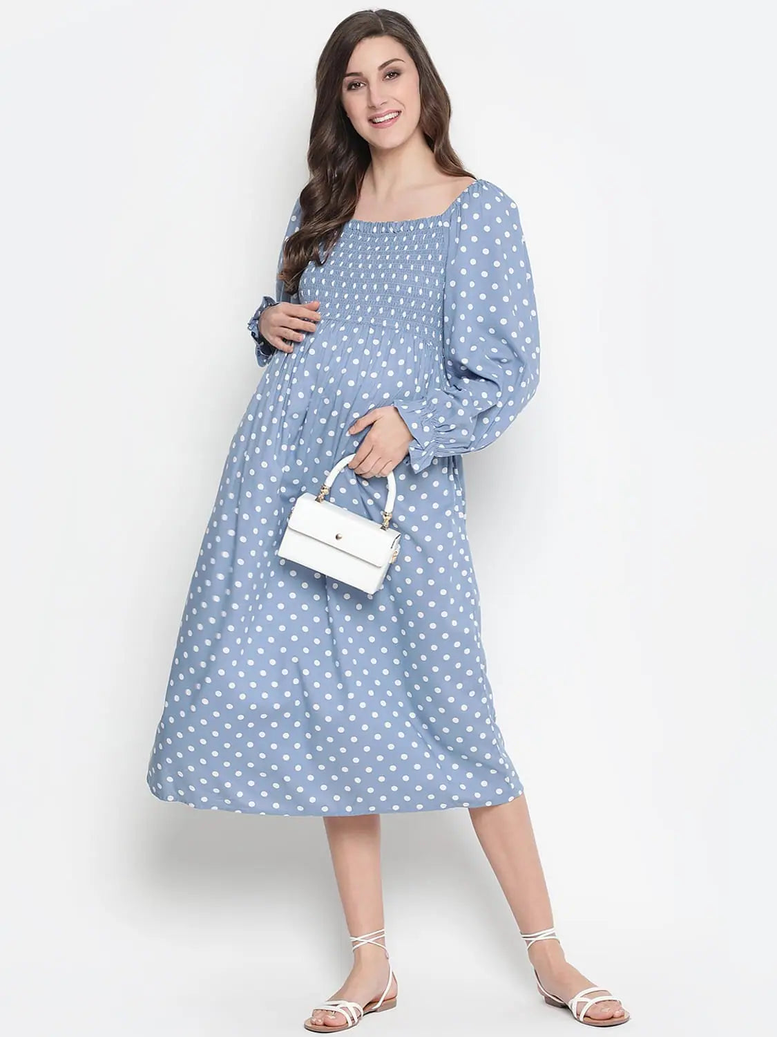 Unleash Your Style Oxolloxo Bleed Blue Smocking Polka Print Comfy Maternity Dress Today Only