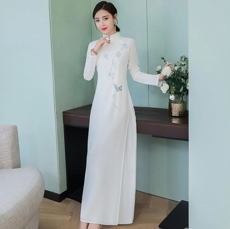 Limited Time Offer Traditional Vietnam Ao dai Long sleeve Cheongsam Print Qipao Dress Subtle Sophistication