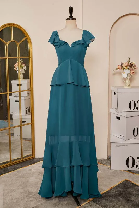 Bid Farewell To The Old Season Teal Flaunt Sleeves A-line Layers Long Bridesmaid Dress Vintage Retro Party Wear