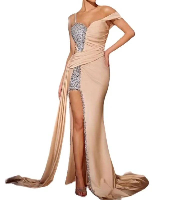 Seasonal Picks High Slit Gown In Champagne Artful Design