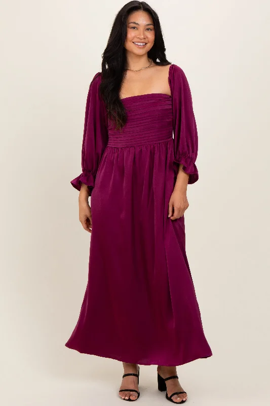 The Latest Trends Burgundy Off Shoulder Satin Pleated Bodice Maxi Dress Weekend Special