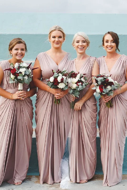 Hot Deals Dusty Rose V-Neck Ruffles Floor Length Bridesmaid Dresses Contemporary Chic