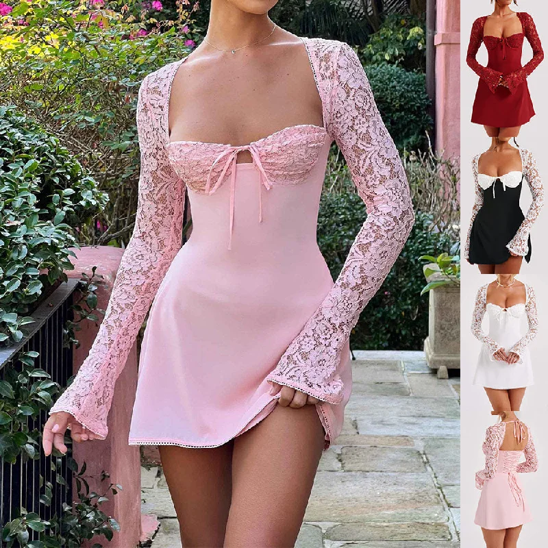 Season Offer Fashion Corset Lace Long Sleeve Dress Sexy Y2K Backless Lace Up Short Dresses Womens Clothing Modern Romance