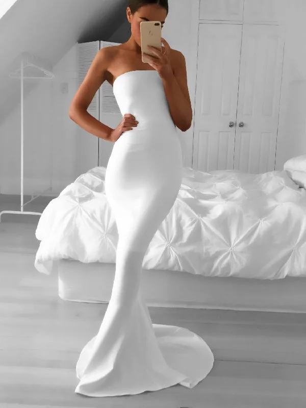 Flash Sale Fever Simple Strapless Mermaid White Long Bridesmaid Dress Great Deals on Ethnic Cultural Wear