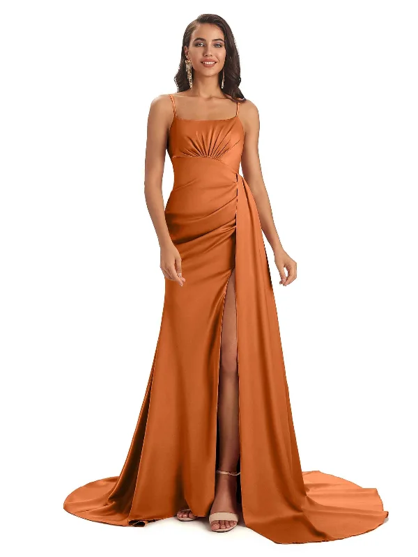 Unbeatable Prices Modern Side Slit Spaghetti Straps Long Satin Dresses To Wear To a Wedding As a Guest Flash Sale