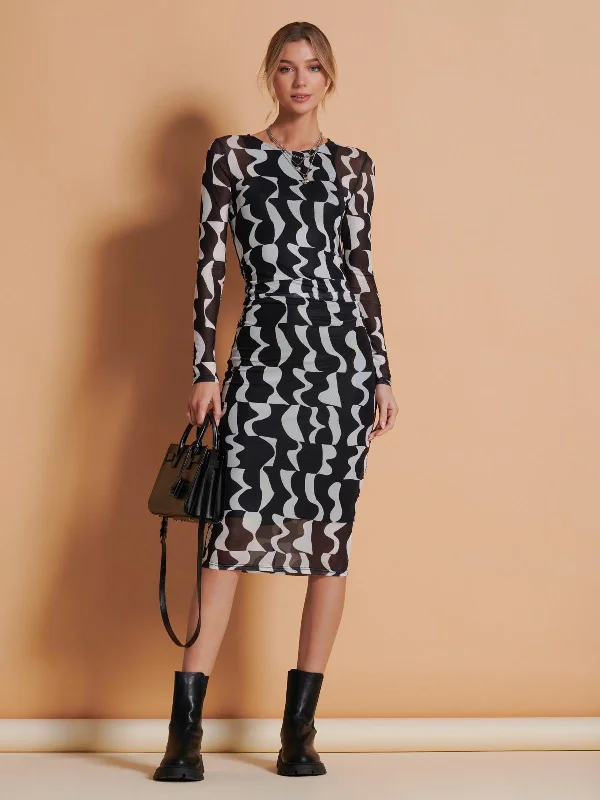 Fashion-Forward Print Long Sleeve Mesh Bodycon Dress, Black Pattern Feminine Flow