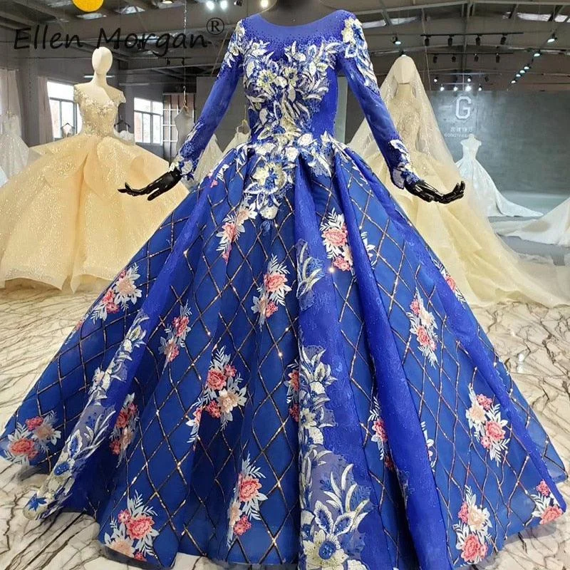 Flash Sale Starts Blue Long Sleeves Lace Beads Pearls Vintage Formal Ball Dress Seasonal Trend