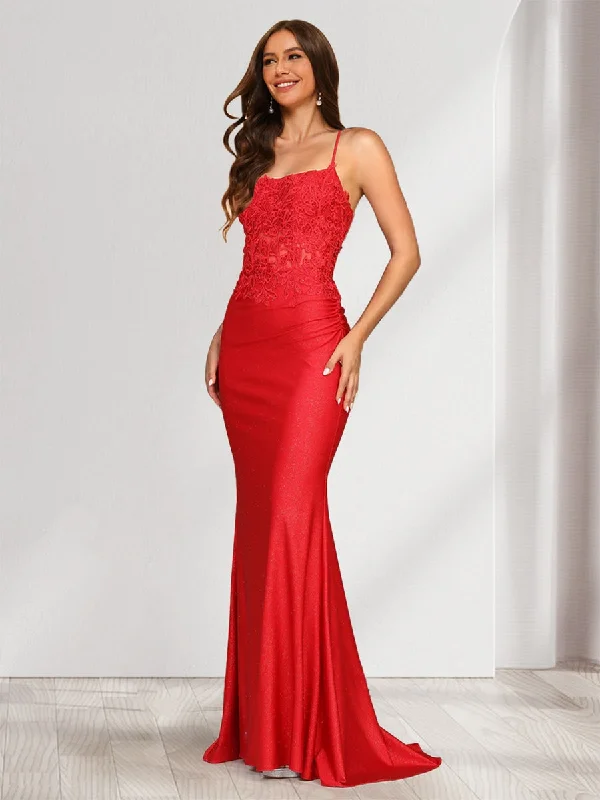 Fashion Sale Trumpet/Mermaid Spaghetti Straps Ruched Satin Evening Dresses with Appliques Effortless Comfort