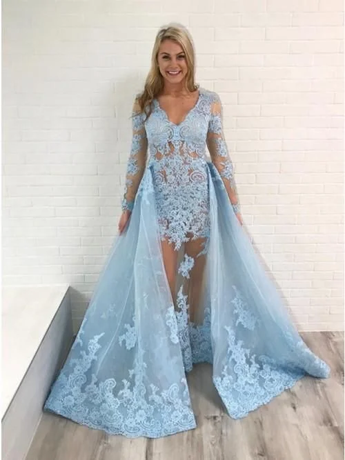 Relaxed Style Mermaid V-Neck Long Sleeves Light Blue Organza Overskirt Prom Dress with Appliques  cg8481 Boho Chic