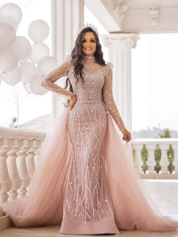 Unleash Your Style High Neck Beaded Sequin Wedding Dresses, Detachable Train Long Prom Dresses, Arabic Wedding Dresses, 2023 Wedding Dresses Modern Glamour