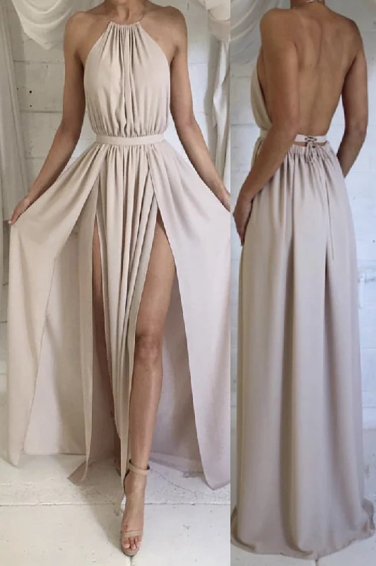 Swimwear Summer Blowout Halter Backless Beige Long Bridesmaid Dress with Slits Formal Outfit