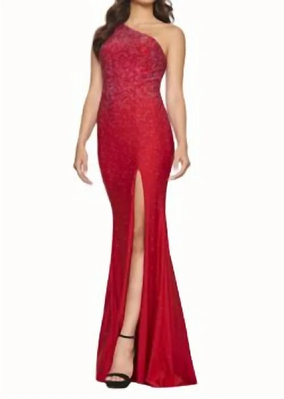 Hurry Before It'S Gone One Shoulder Hot Stone Gown In Red Romantic Detailing