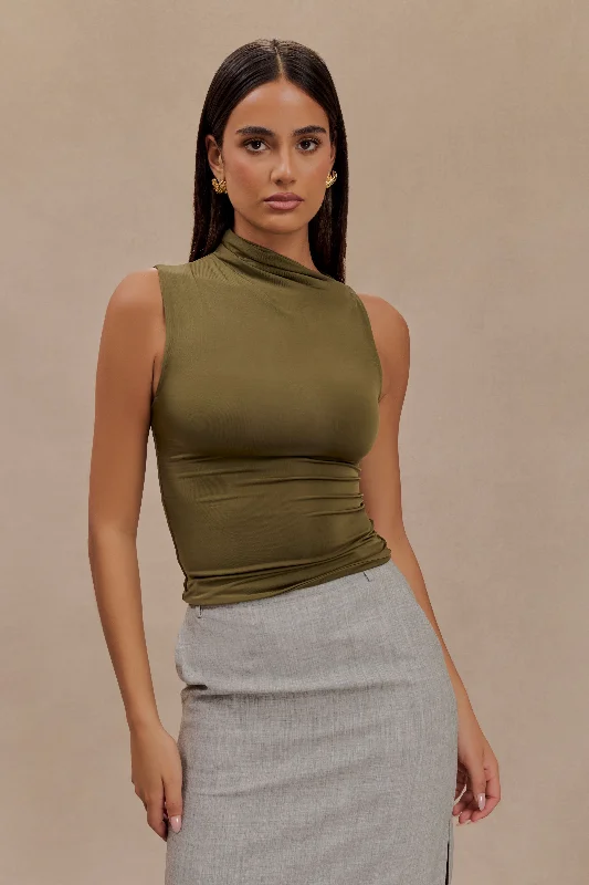 Exclusive Discount Hadleigh Sleeveless Slinky Top - Dark Olive Charming Silhouette