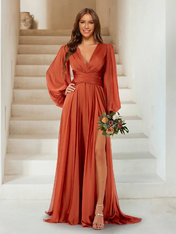 Enjoy Discount A-Line/Princess V-Neck Long Sleeves Floor Length Bridesmaid Dresses with Split Side Contemporary Elegance