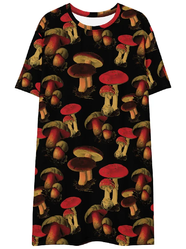 Seasonal Fashion Fanciful Fungi Black T-shirt dress Limited - Stock