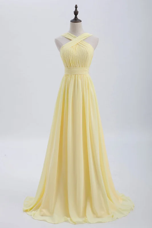 Limited Time Special Offer Cross Front Yellow Pleated Chiffon Long Bridesmaid Dress Grab Romantic Date - Night Styles Now