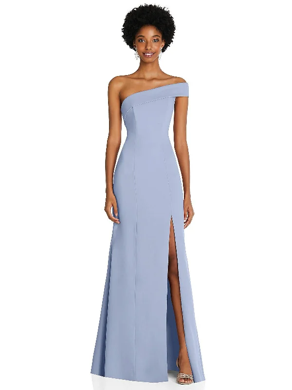 Budget Friendly Asymmetrical Off-the-Shoulder Cuff Trumpet Gown With Front Slit Graceful Cut