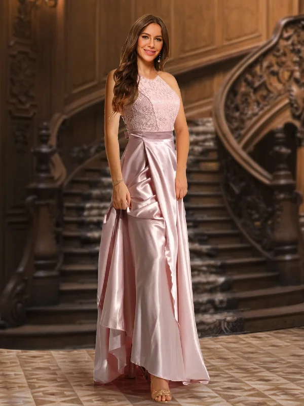 Glamorous Fashion Offers A-Line/Princess Halter Lace Top Satin Evening Dresses with Belt Summer Fashion