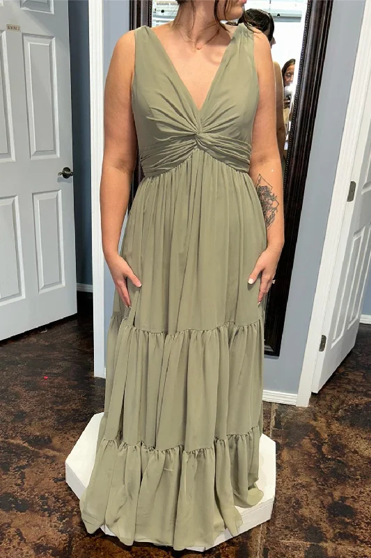 Trend Forward Threads Dusty Sage Deep V Neck Twist Knot Ruffles Chiffon Long Bridesmaid Dress Classic Timeless Elegant Style