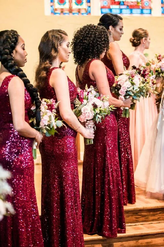 Flash Sale Starts Burgundy Sequin Cheap Bridesmaid Dresses Fall V Neck Sleeveless Disco - Inspired Retro Dance Look