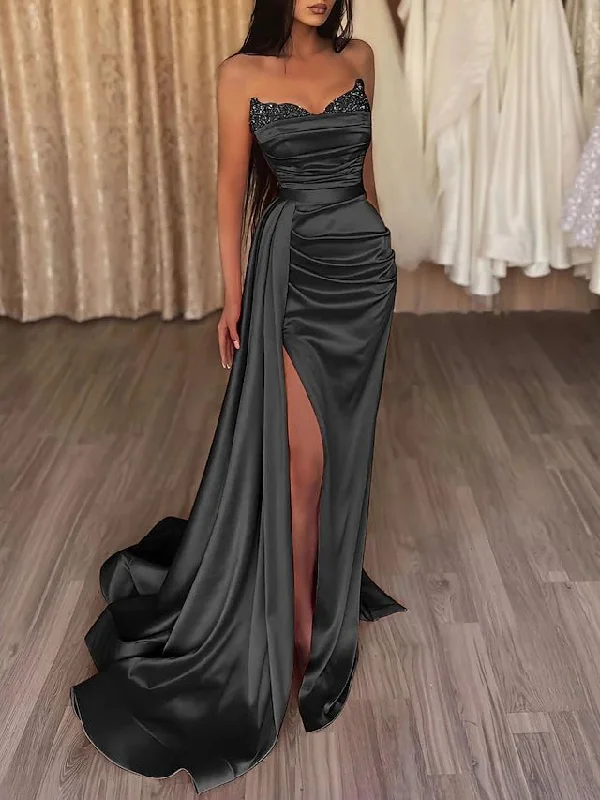 Fresh Styles, Fresh Deals Sasha | Mermaid Evening Gown Sexy Dress Prom Court Train Sleeveless Strapless Satin with Slit Pure Color Casual Elegance