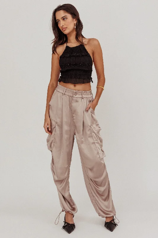 Cozy Chic Promotions Betty Satin Cargo Pant Mink Dreamy Aesthetic