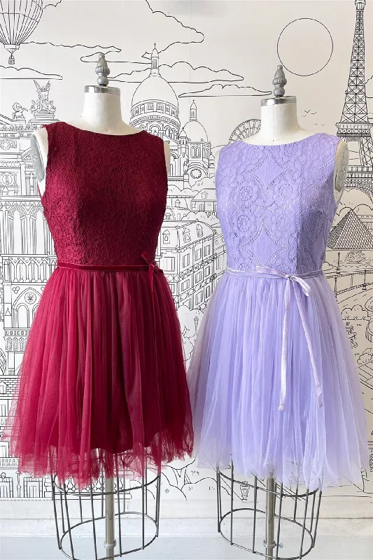 Chic Style, Always In Vogue A-line Scoop Neck Tulle Lace Mini Bridesmaid Dress with Sash Floral Style