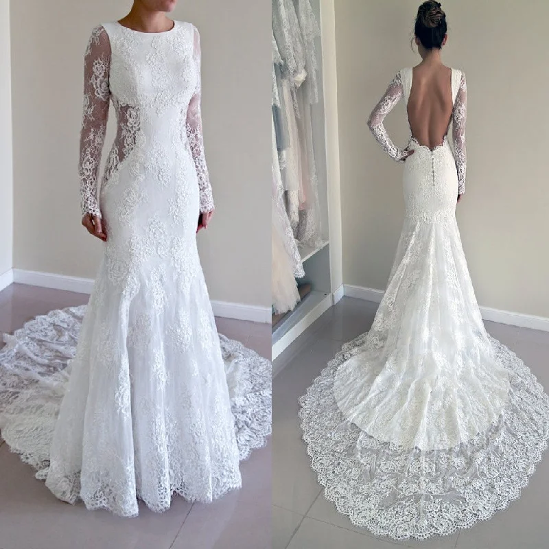 Budget Saver Gorgeous Round Neck Long Sleeve Sexy Mermaid Backless Lace Wedding Party Dresses, WD0040 Minimalist Elegant