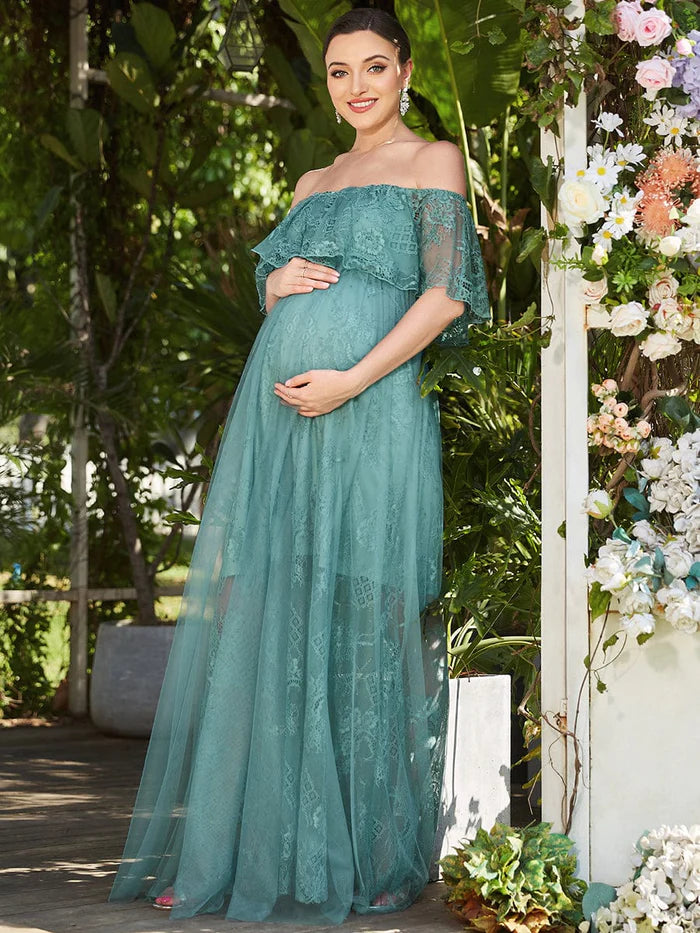 Premium Style Off Shoulder Sheer Pleated Lace A-line Maternity Dress Limited - Edition Drops