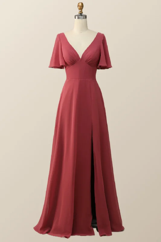 Sophisticated Style Offers Flare Sleeves Terracotta Empire Chiffon Long Bridesmaid Dress Formal Outfit