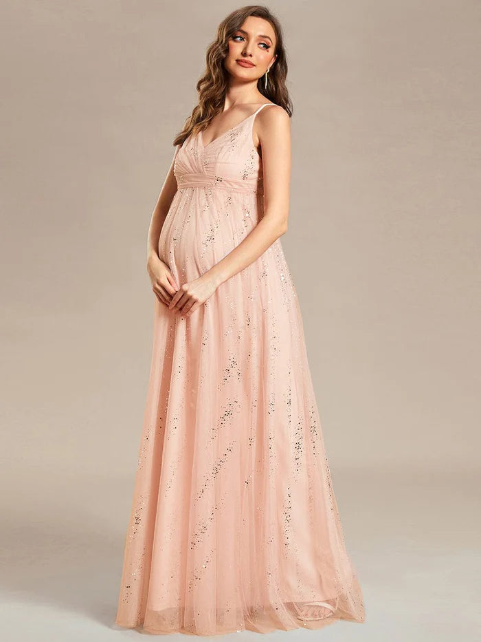 Elegant Fashion Offers Spaghetti Strap Scattered Sequins V-neck Floor Length Maternity Dress Minimalist Elegant