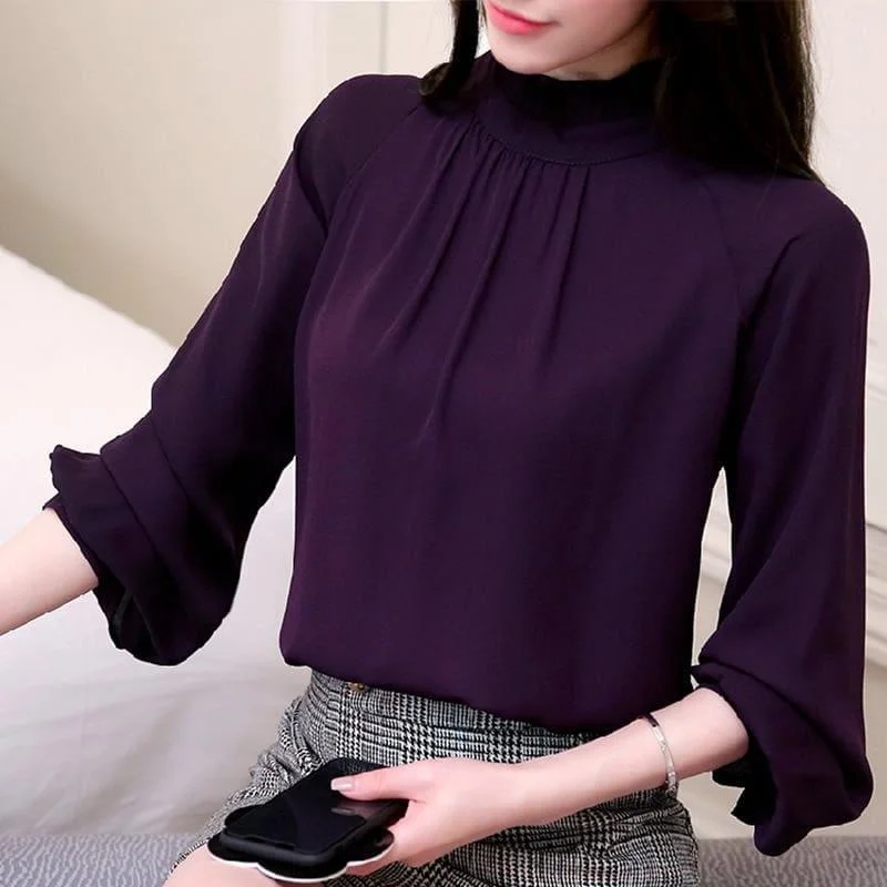 Sleek Style Discounts High Neck Long Sleeve Chiffon Blouse Vintage Retro Party Wear