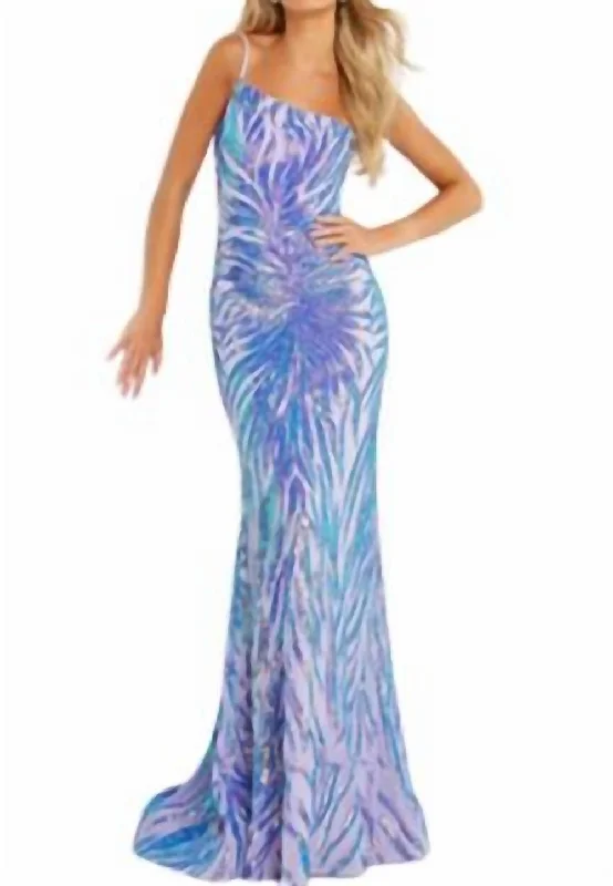 Contemporary Casual Deals One Shoulder Long Gown In Multi/irridescent Flowy Fabric