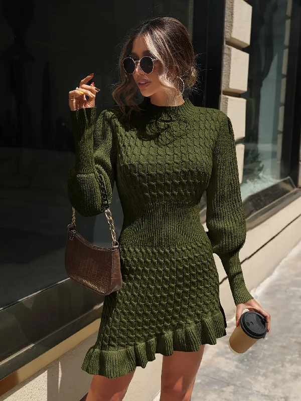 Mega Sales Cable Knit Ruffle Hem Asymmetrical Dress, Elegant Lantern Sleeve Bodycon Dress For Fall & Winter, Women's Clothing Boho Chic