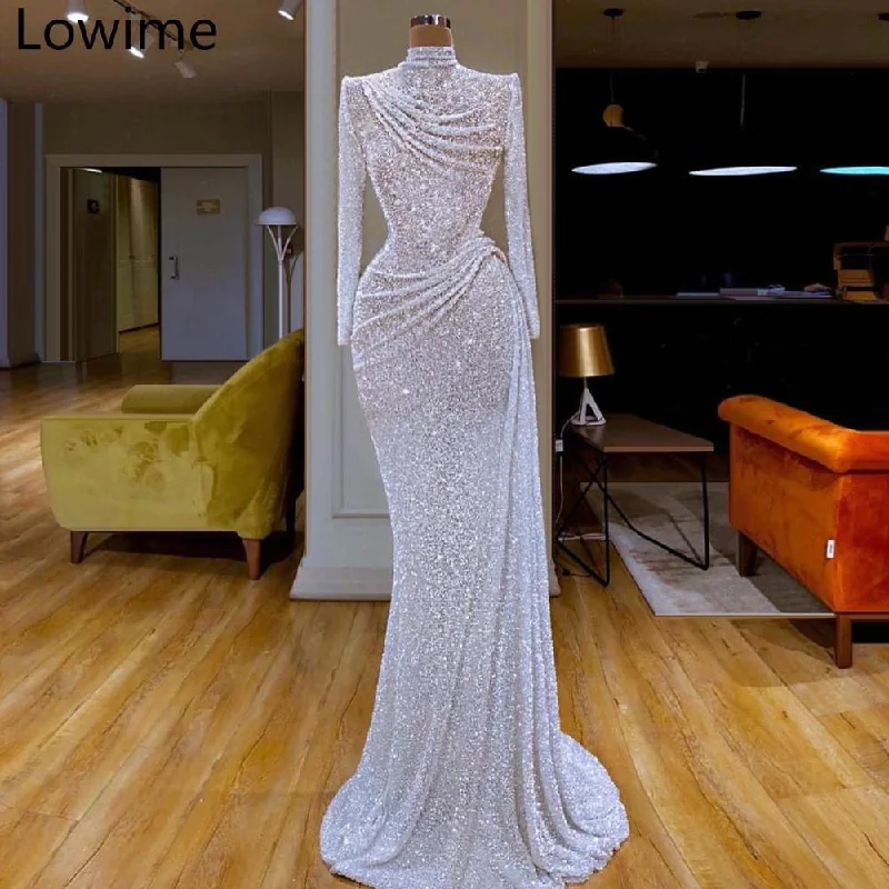 Huge Price Cut White Glitter Formal Evening Long Sleeve Arabic Evening Dress Graceful Drape