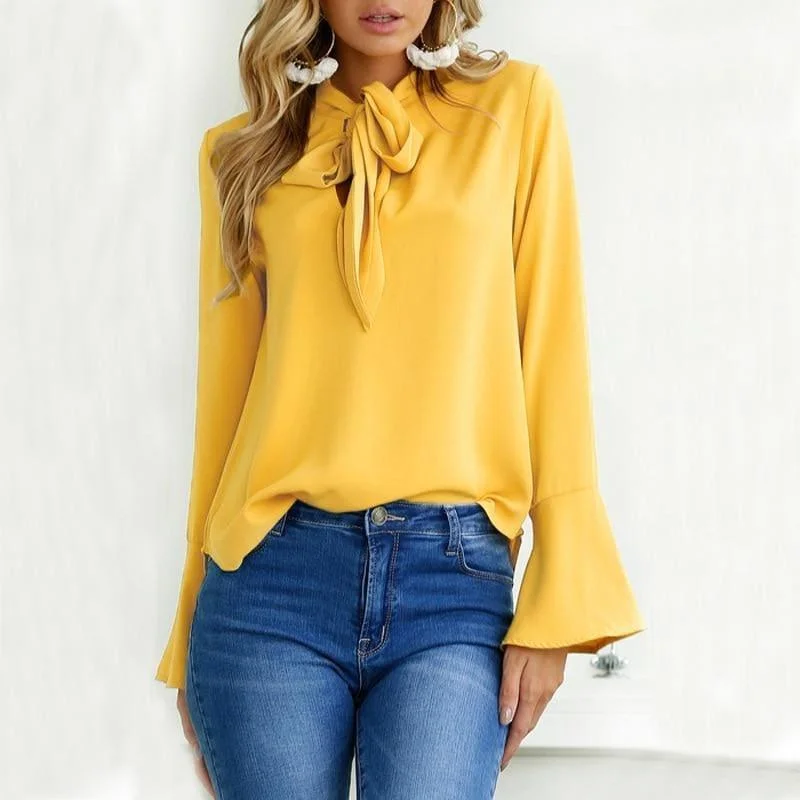 Avant-Garde Style Promotions Flare Long Sleeve Chiffon  Bow Ruffle Blouse Everyday Glamour