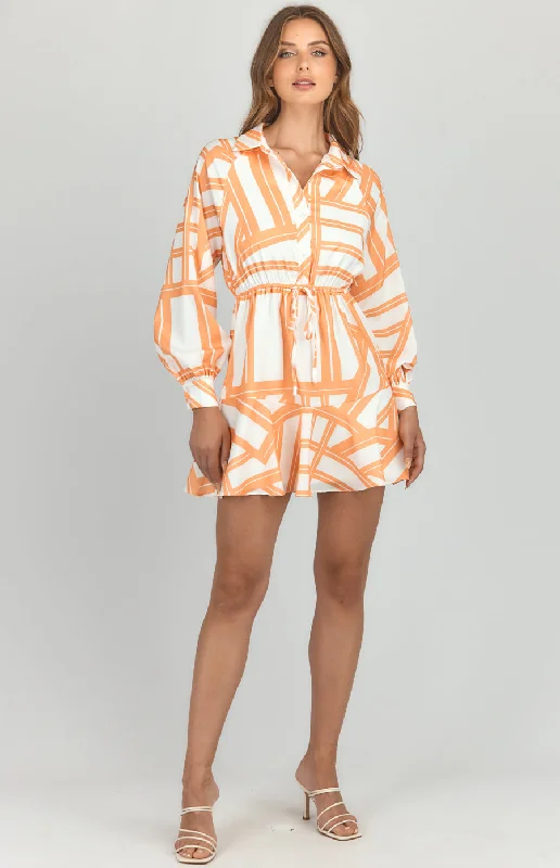 Seasonal Clearance Abstract Printed Shirt Dress with Drawstring Waist Polished Finish