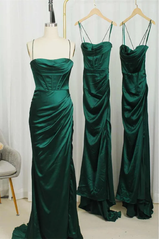 Fashion Forward Modest Satin Dark Green Mermaid Bridesmaid Dress Straps Wedding Guest Dress Feminine Grace